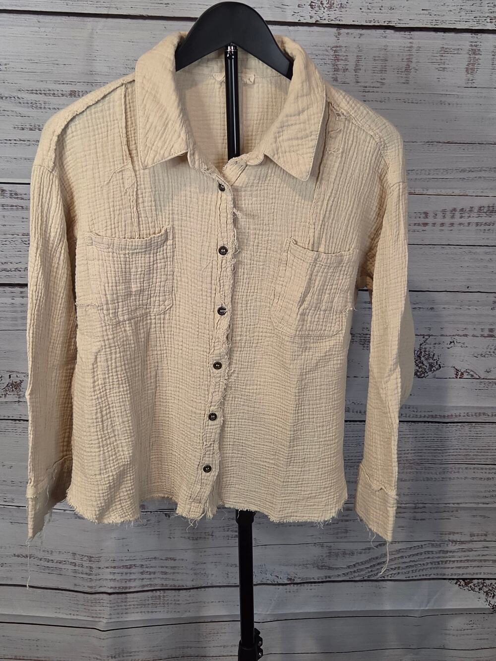 New In Cotton Gauze Long Sleeve Top Cream Beige Frayed Hem Blouse Size L